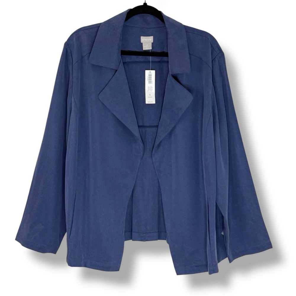 Chico’s Soft Twill Drape Jacket Blazer Size 4 (20/22) Lyocell Blue Casual NWT